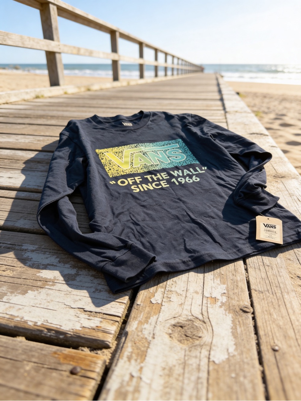 Vans Navy Long Sleeve Tee with Yellow-to-Teal Logo